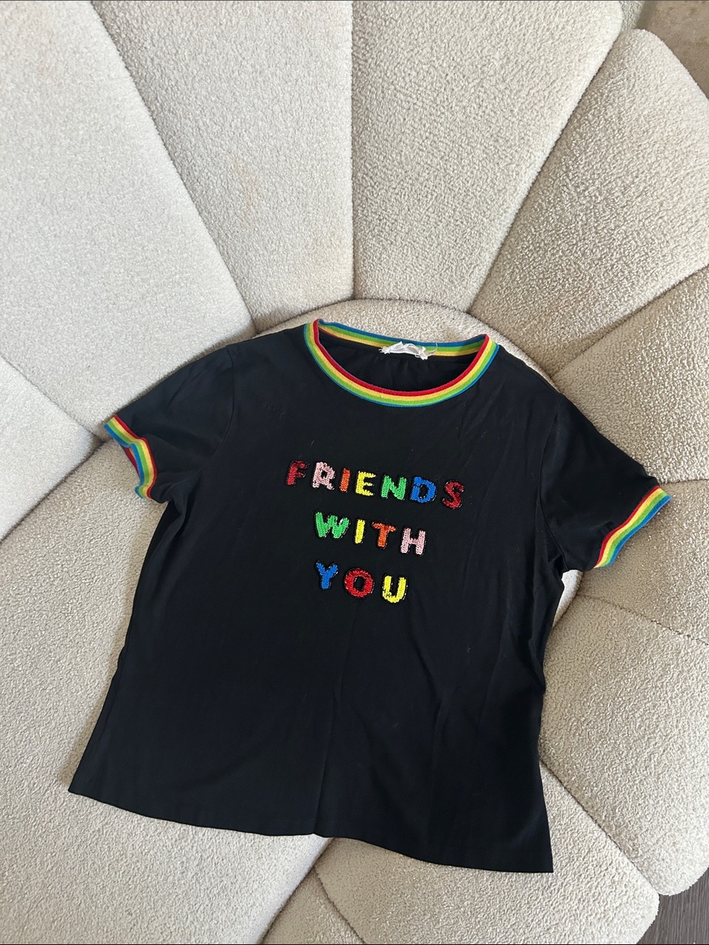 Alice + Olivia Black Tee with Rainbow Trim and Multicolor Lettering